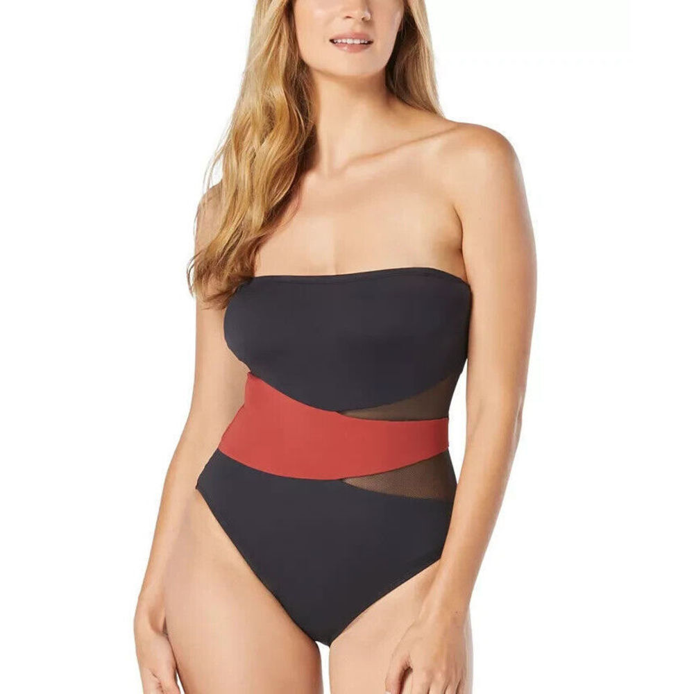 Coco Reef Contours Level Bandeau Mesh Tummy-Control One-Piece Swimsuit 10 34C